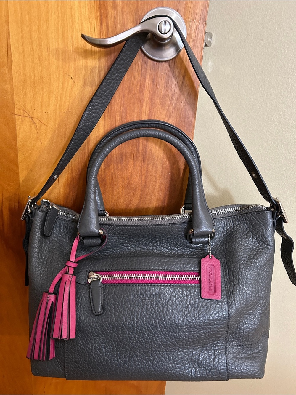 COACH Charcoal Grey Pebbled Leather Satchel with Pink Trim